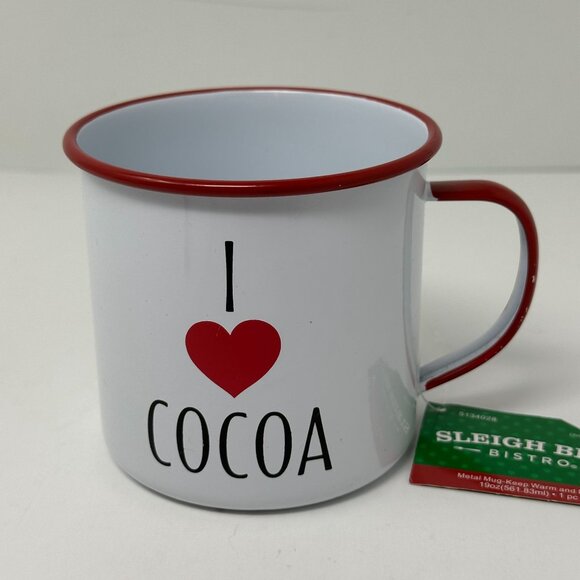 Sleigh Bell Bistro I Love Cocoa Metal Mug Red Rim White Enamel Cup 20 oz Holiday - Picture 12 of 14